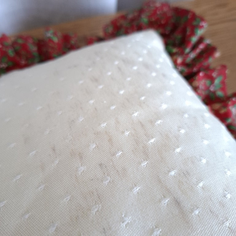 Vintage Hand Stitched Christmas Holly Huck Embroidery Ruffle Cushion