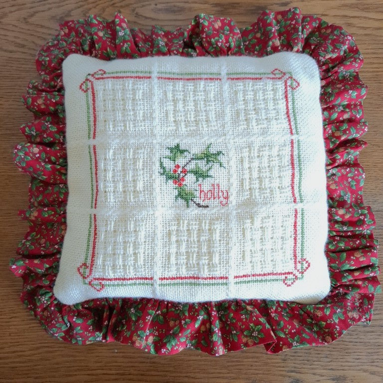 Vintage Hand Stitched Christmas Holly Huck Embroidery Ruffle Cushion