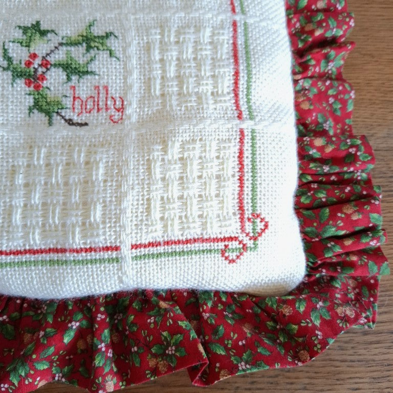 Vintage Hand Stitched Christmas Holly Huck Embroidery Ruffle Cushion