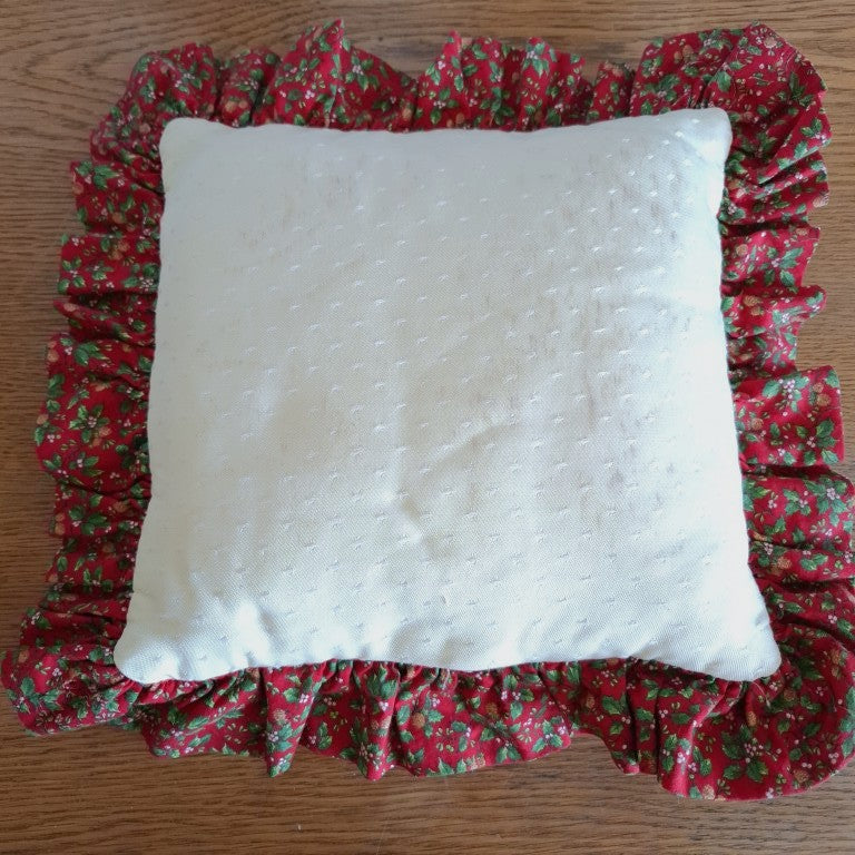 Vintage Hand Stitched Christmas Holly Huck Embroidery Ruffle Cushion