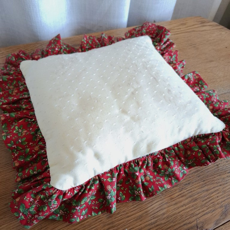 Vintage Hand Stitched Christmas Holly Huck Embroidery Ruffle Cushion