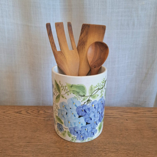 Vintage Italian Hand-Painted Ceramic Hydrangea Utensil Holder & Crock