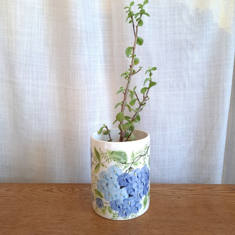 Vintage Italian Hand-Painted Ceramic Hydrangea Utensil Holder & Crock