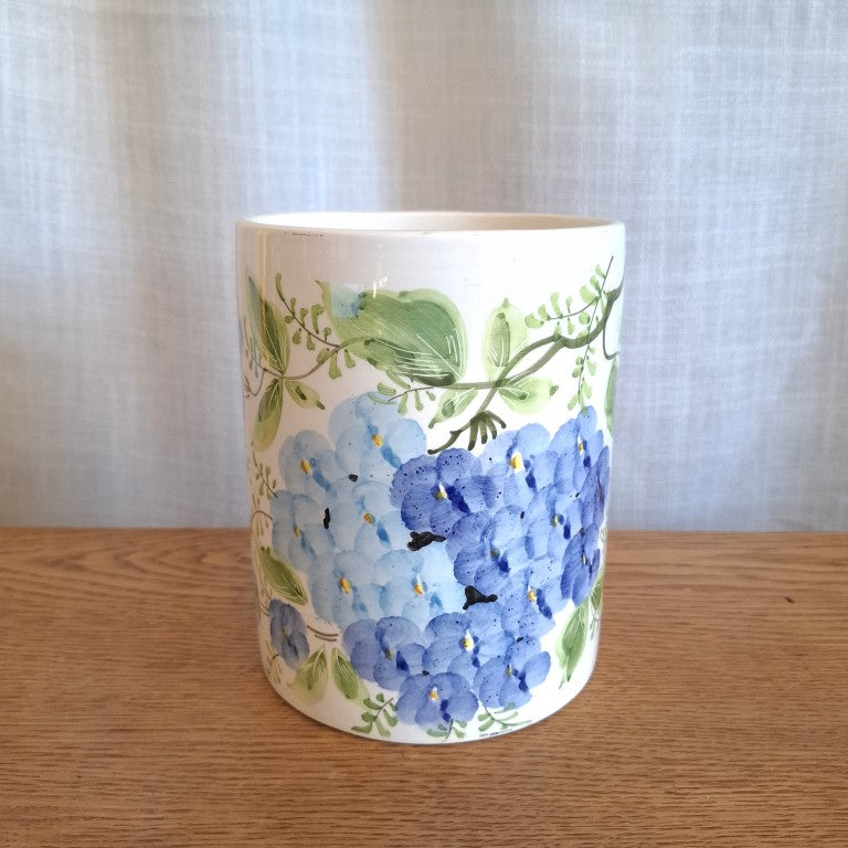 Vintage Italian Hand-Painted Ceramic Hydrangea Utensil Holder & Crock