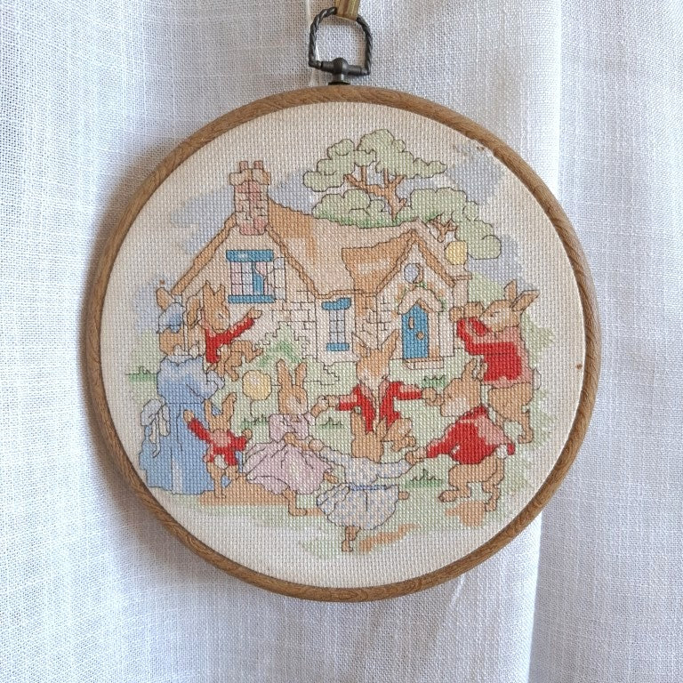 Vintage Peter Rabbit Style Bunny Cottage Framed Cross Stitch Hoop Art