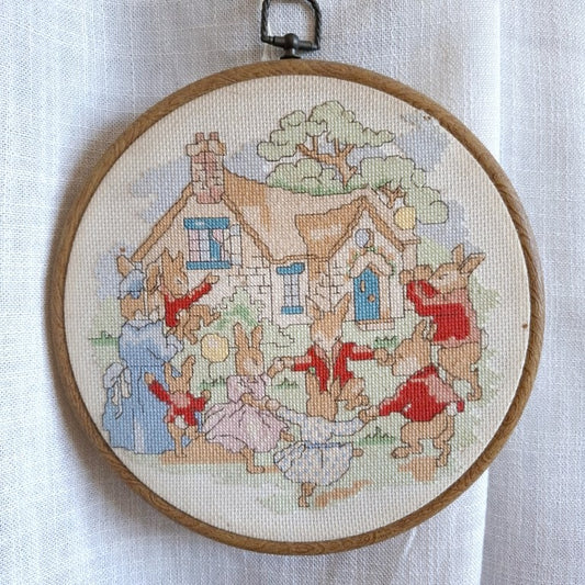 Vintage Peter Rabbit Style Bunny Cottage Framed Cross Stitch Hoop Art