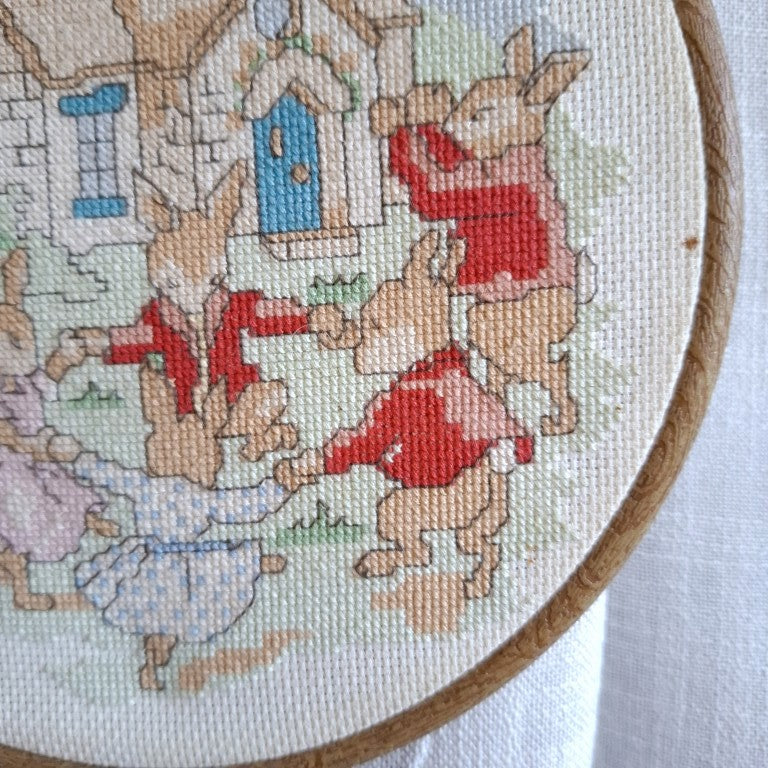 Vintage Peter Rabbit Style Bunny Cottage Framed Cross Stitch Hoop Art