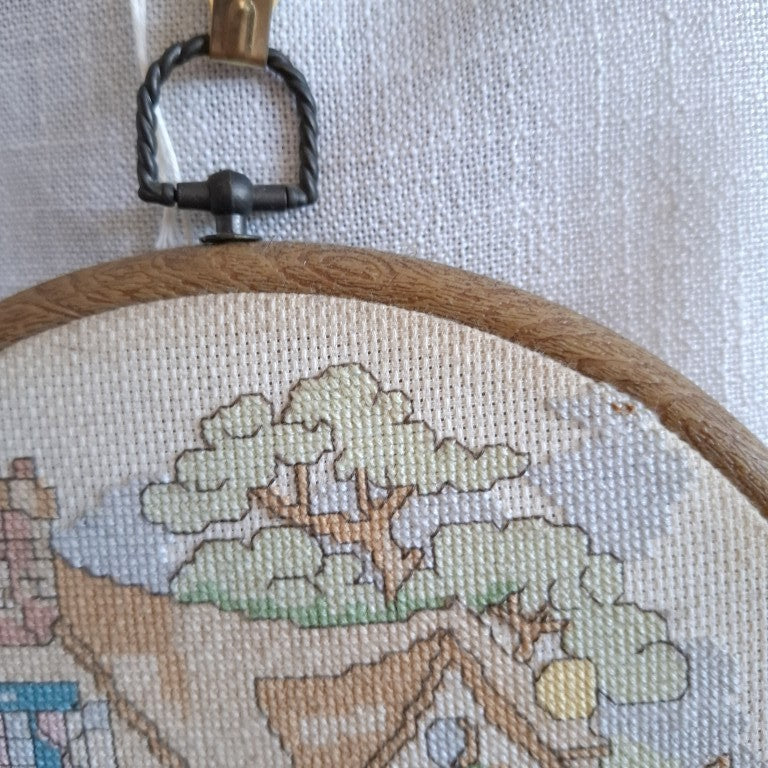 Vintage Peter Rabbit Style Bunny Cottage Framed Cross Stitch Hoop Art