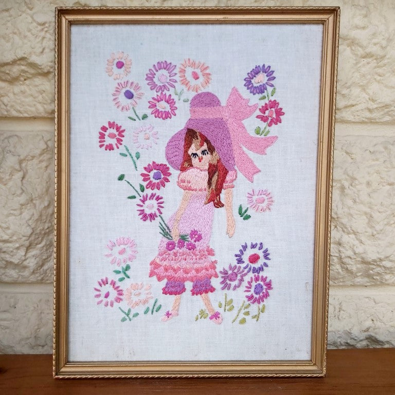 Vintage Framed Floral Girl Embroidery