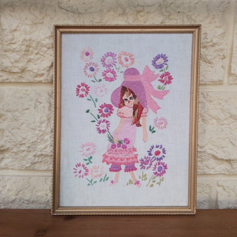 Vintage Framed Floral Girl Embroidery