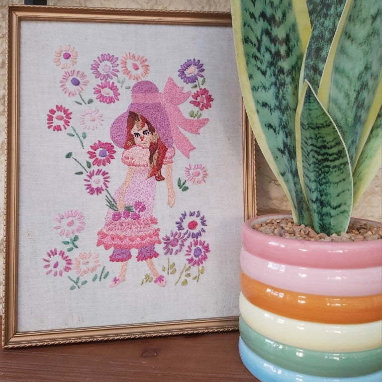 Vintage Framed Floral Girl Embroidery