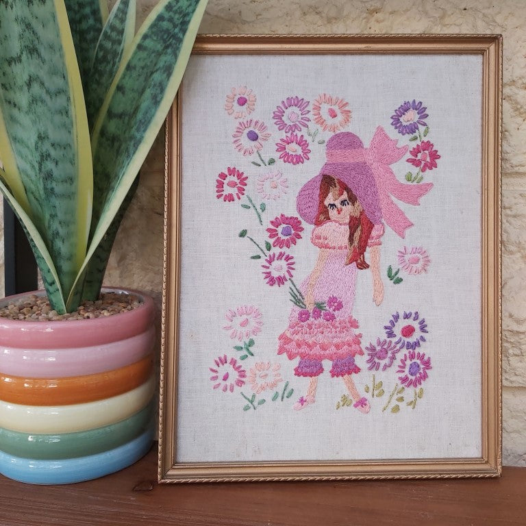 Vintage Framed Floral Girl Embroidery