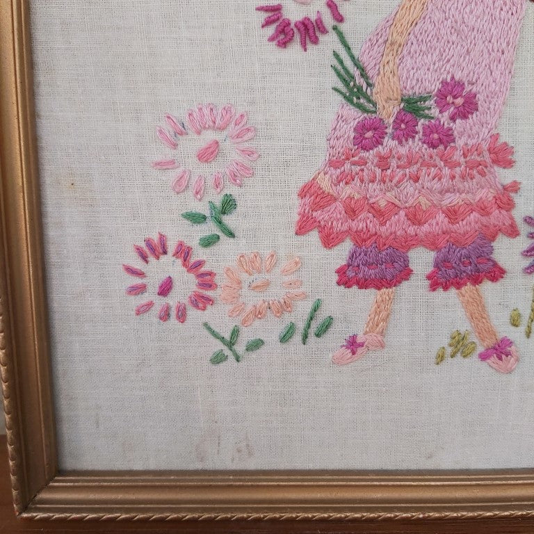 Vintage Framed Floral Girl Embroidery