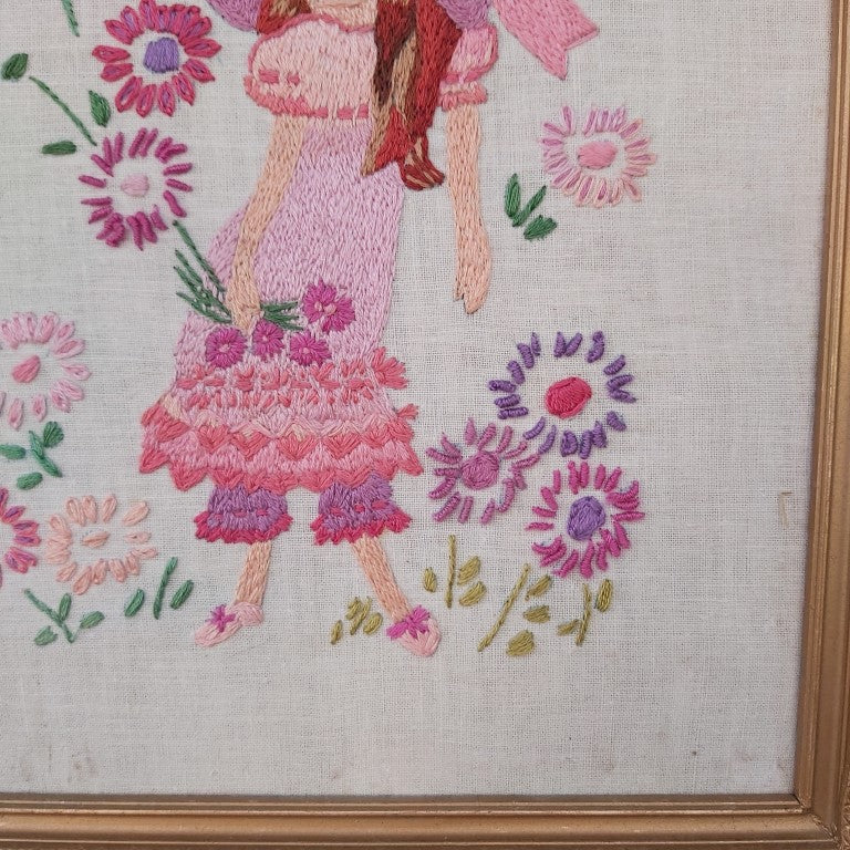 Vintage Framed Floral Girl Embroidery