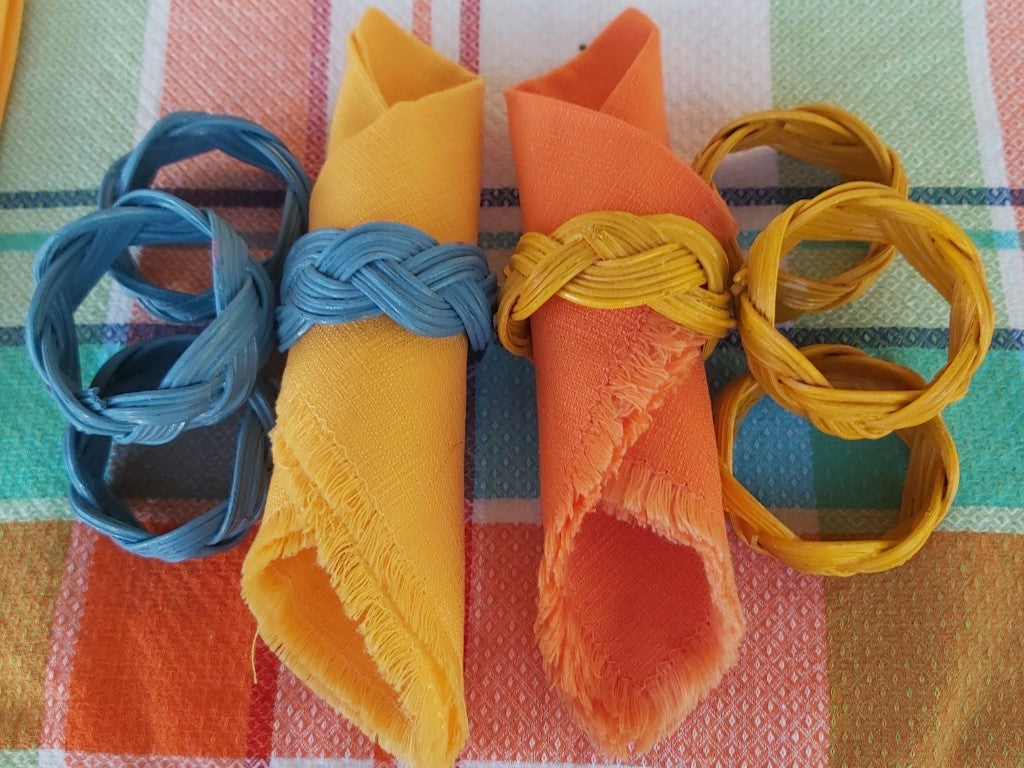 Blue & Yellow Vintage Rattan Napkin Rings Set of 8