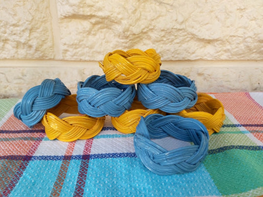 Blue & Yellow Vintage Rattan Napkin Rings Set of 8