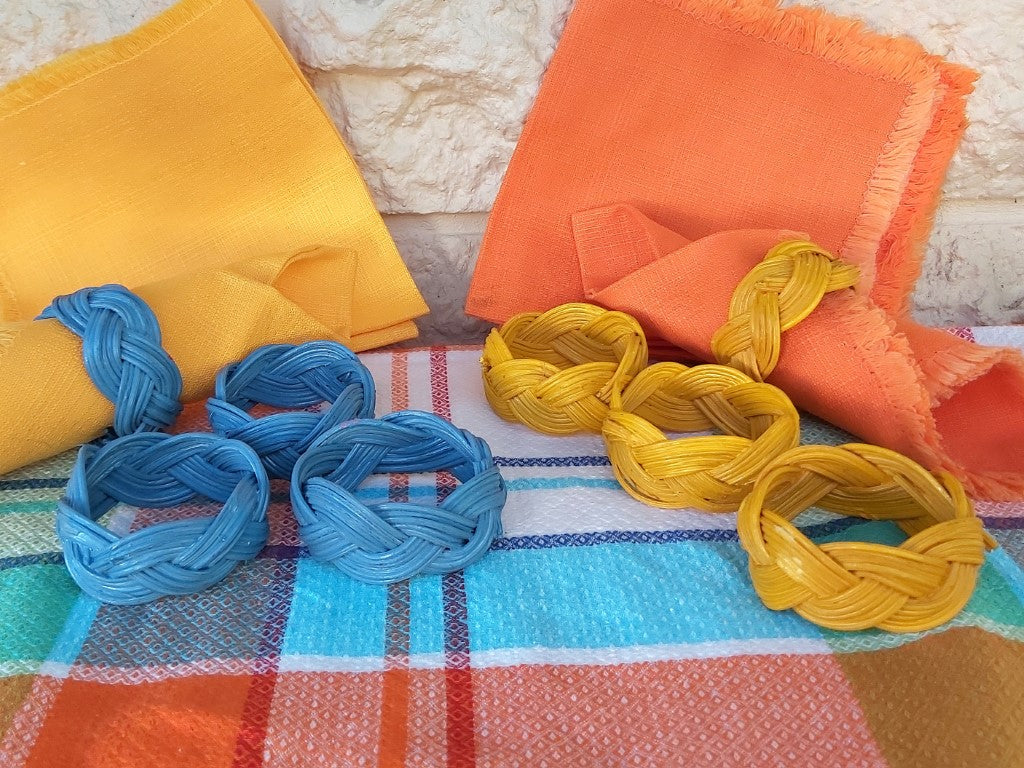 Blue & Yellow Vintage Rattan Napkin Rings Set of 8