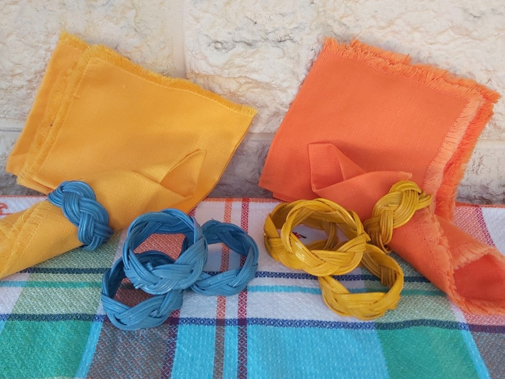 Blue & Yellow Vintage Rattan Napkin Rings Set of 8