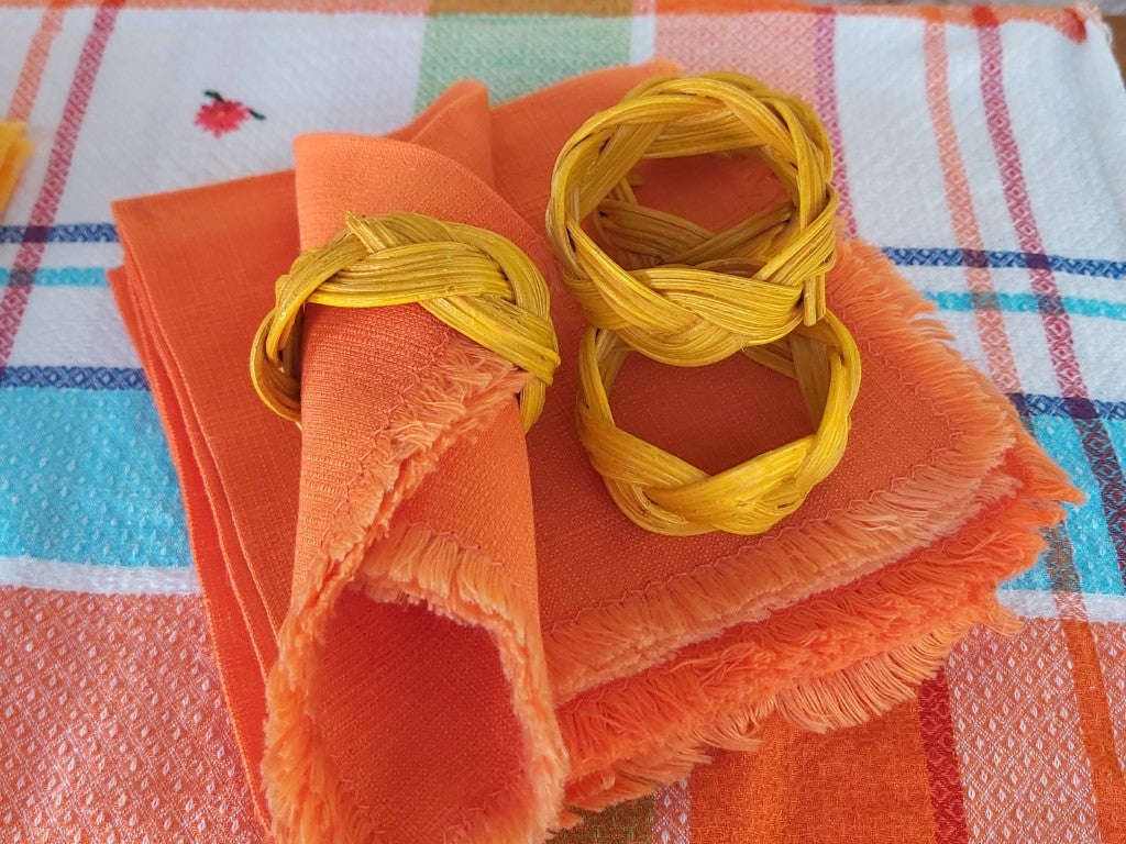 Blue & Yellow Vintage Rattan Napkin Rings Set of 8