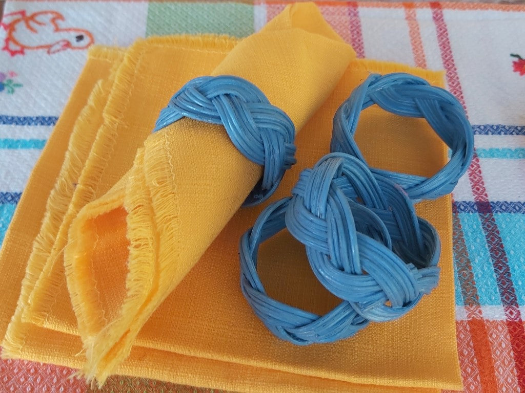 Blue & Yellow Vintage Rattan Napkin Rings Set of 8