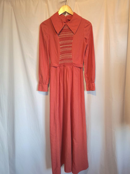 Vintage Women's Red Polka Dot Smocked Maxi Dress Size 10