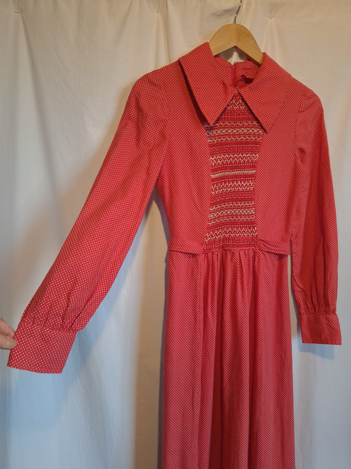 Vintage Women's Red Polka Dot Smocked Maxi Dress Size 10