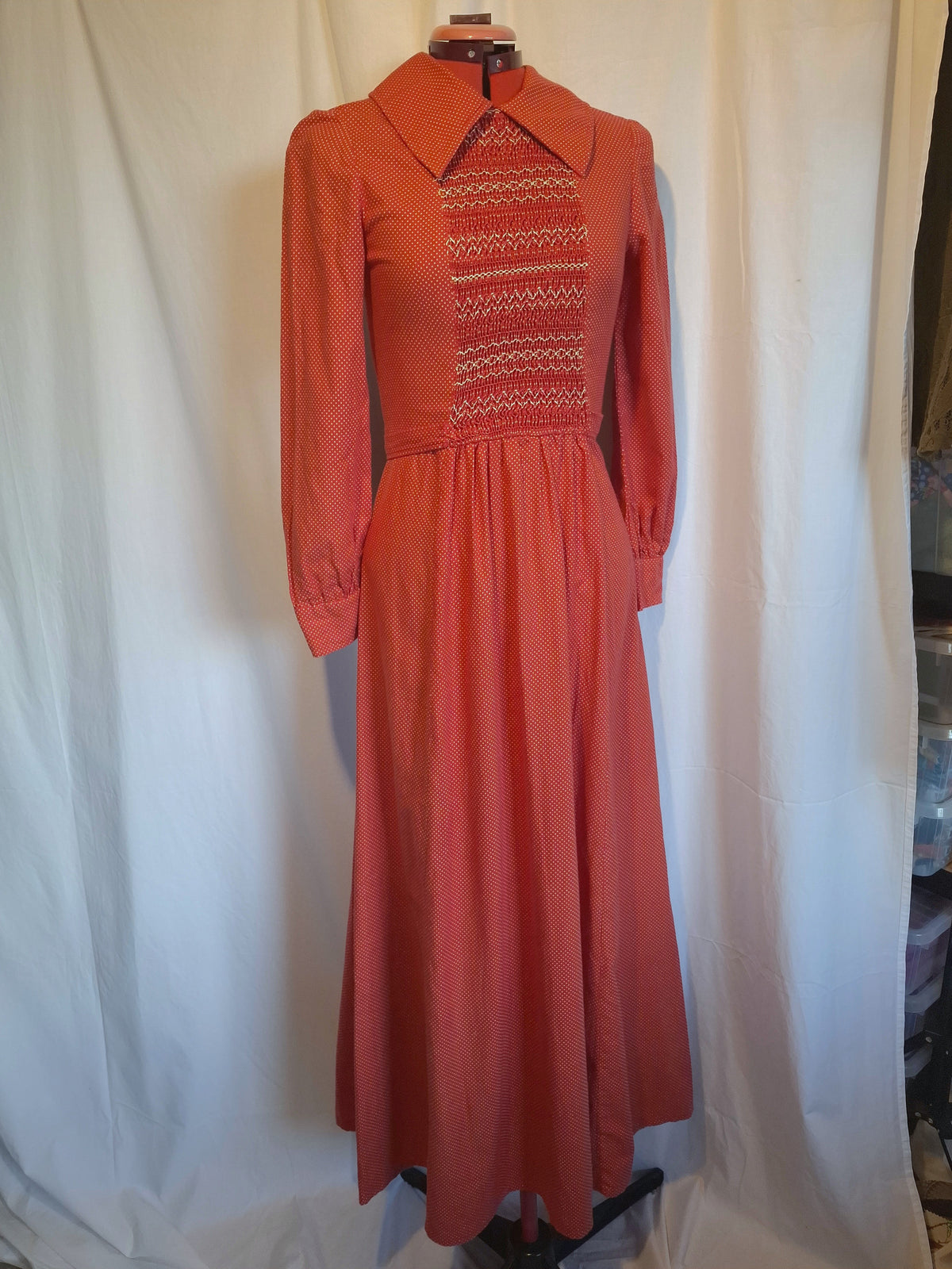 Vintage Women's Red Polka Dot Smocked Maxi Dress Size 10