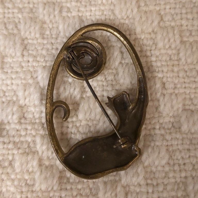 Vintage Brass Stretching Cat Brooch