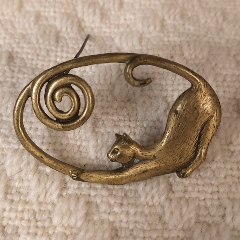 Vintage Brass Stretching Cat Brooch