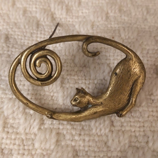 Vintage Brass Stretching Cat Brooch