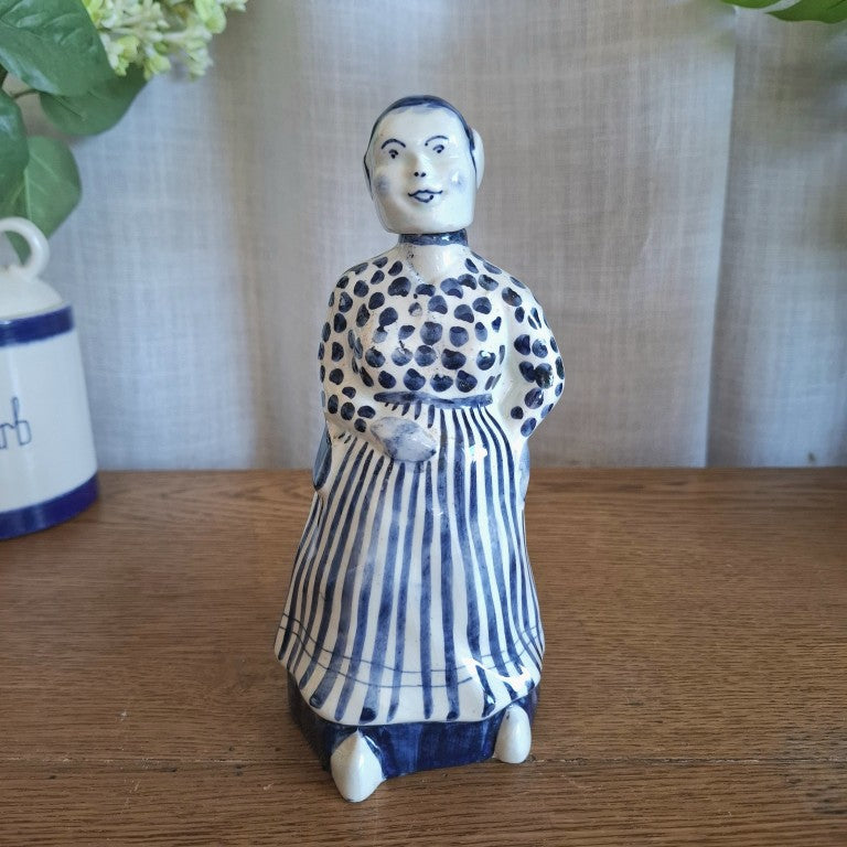 Vintage Mid-Century Delft Blue Dutch Woman Ceramic Gin Decanter