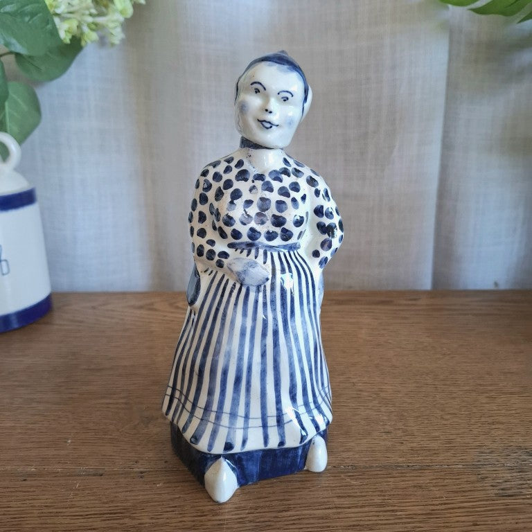 Vintage Mid-Century Delft Blue Dutch Woman Ceramic Gin Decanter