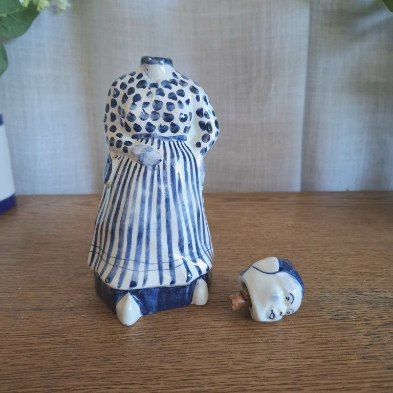 Vintage Mid-Century Delft Blue Dutch Woman Ceramic Gin Decanter