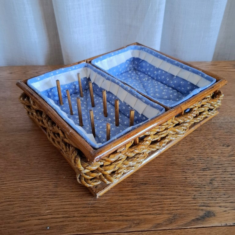 Vintage Wicker Sewing Basket Organizer Tray with Wooden Spool Pegs
