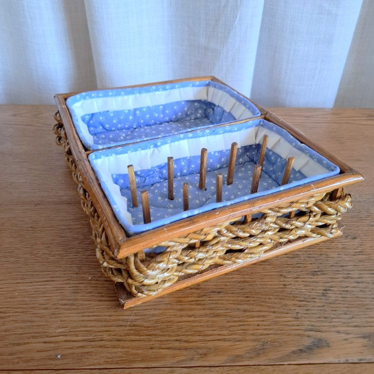 Vintage Wicker Sewing Basket Organizer Tray with Wooden Spool Pegs
