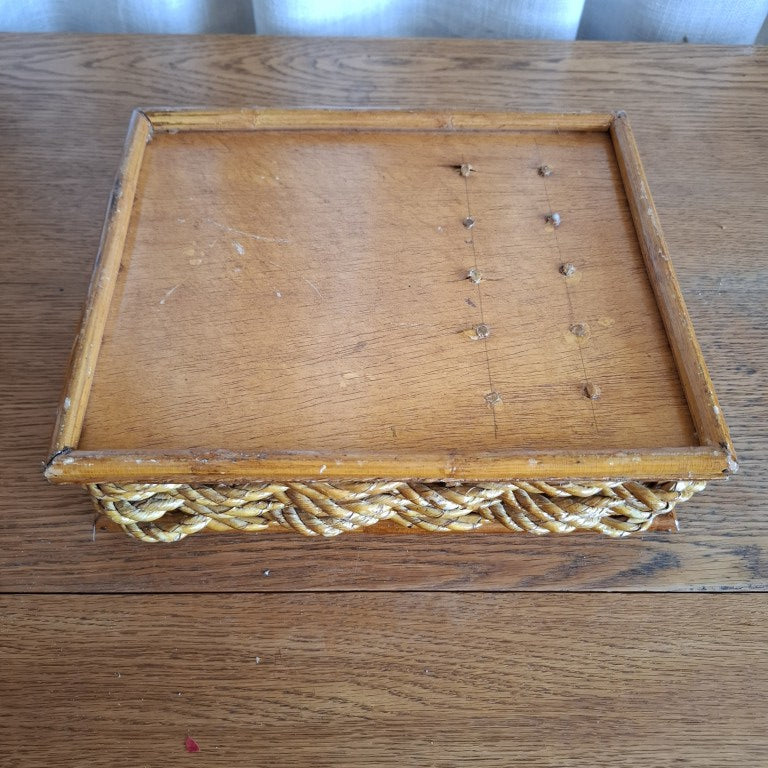 Vintage Wicker Sewing Basket Organizer Tray with Wooden Spool Pegs