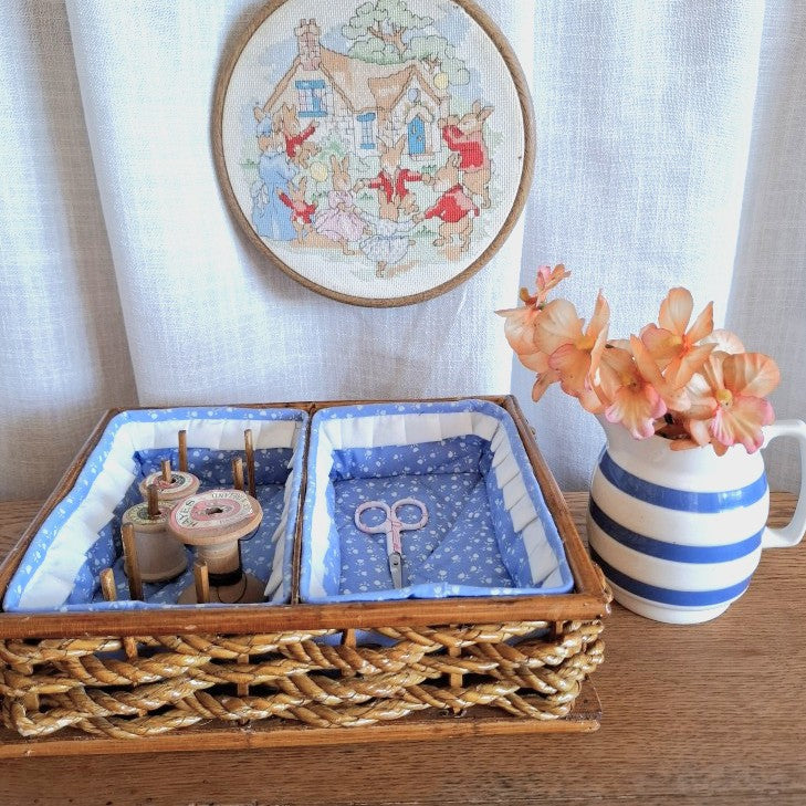 Vintage Wicker Sewing Basket Organizer Tray with Wooden Spool Pegs