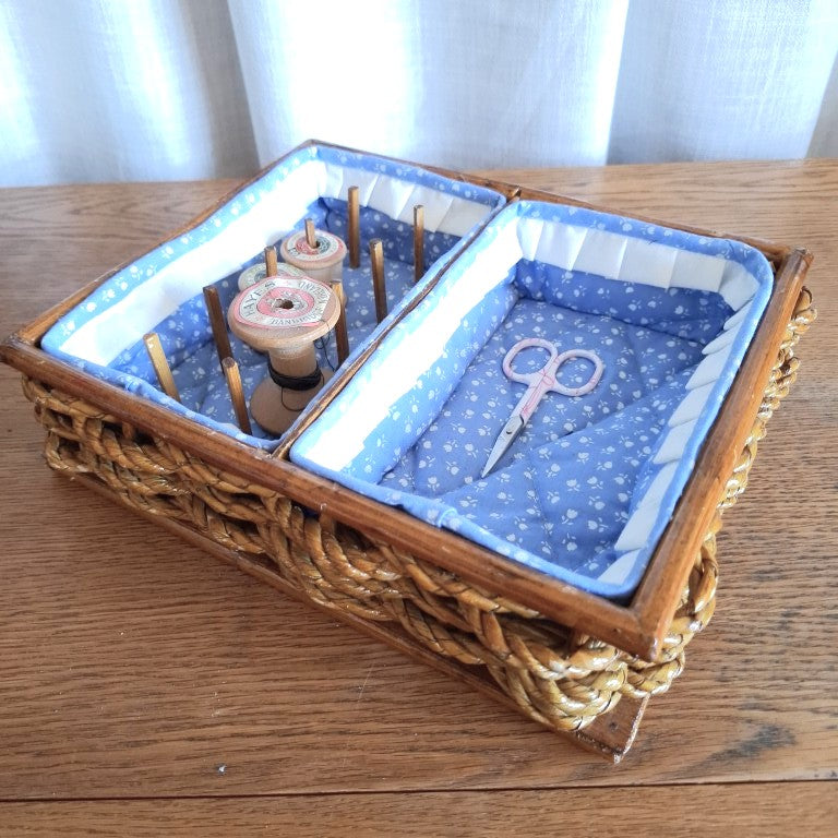 Vintage Wicker Sewing Basket Organizer Tray with Wooden Spool Pegs