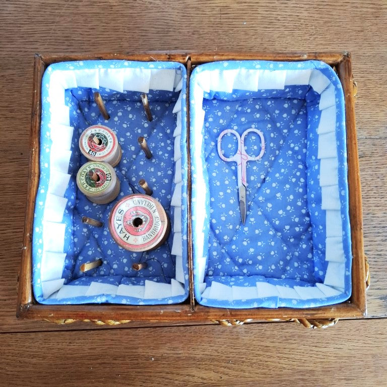 Vintage Wicker Sewing Basket Organizer Tray with Wooden Spool Pegs