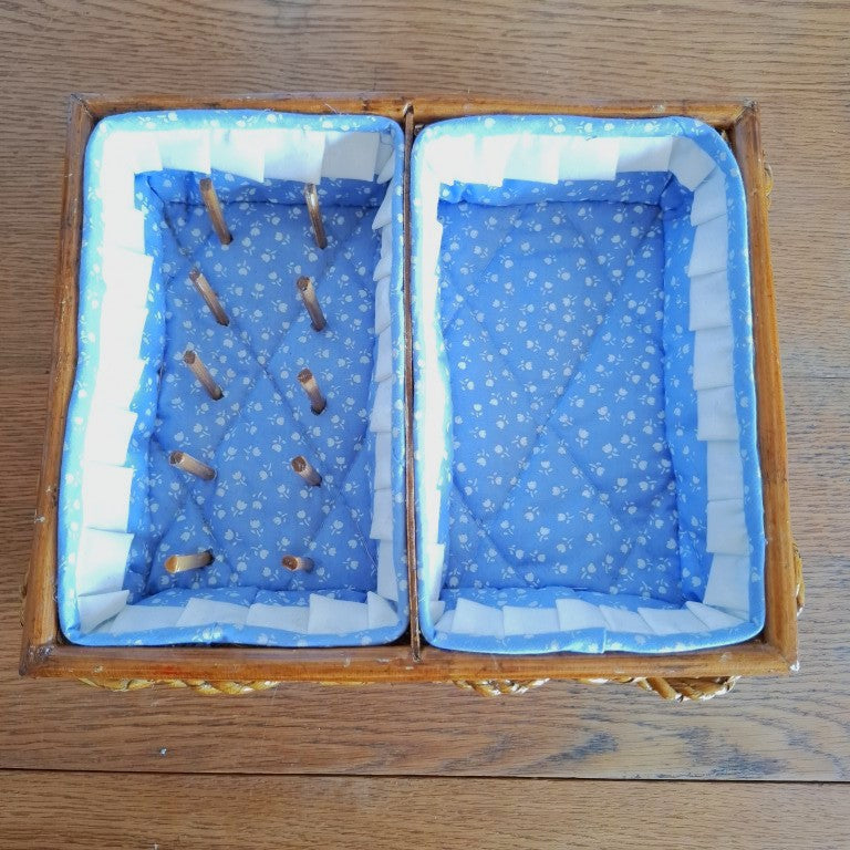 Vintage Wicker Sewing Basket Organizer Tray with Wooden Spool Pegs