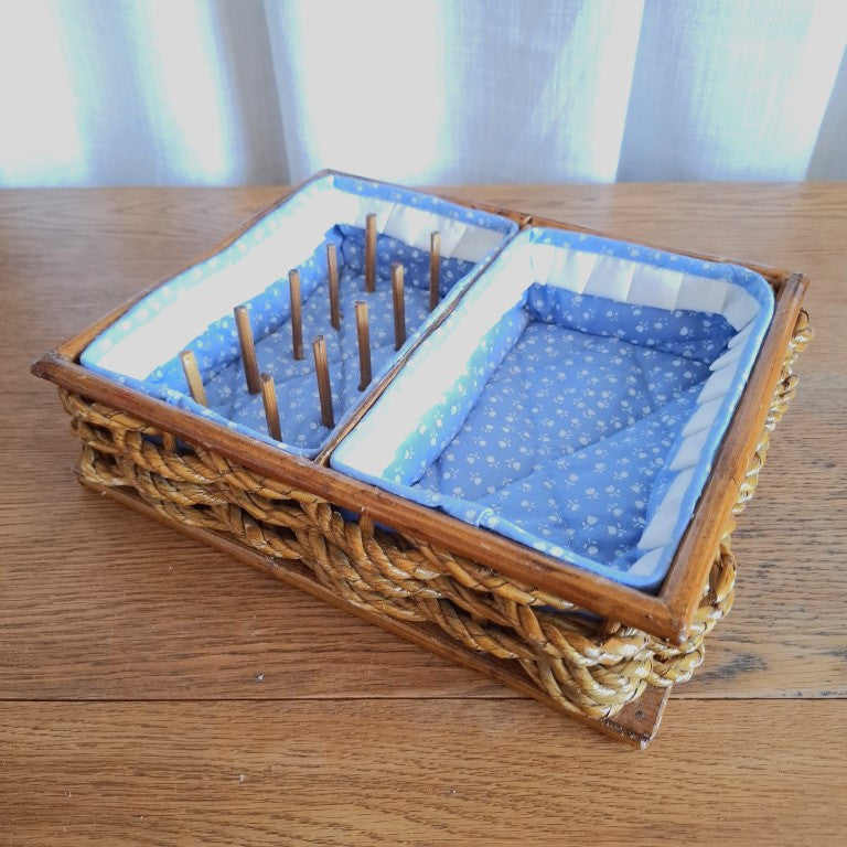 Vintage Wicker Sewing Basket Organizer Tray with Wooden Spool Pegs