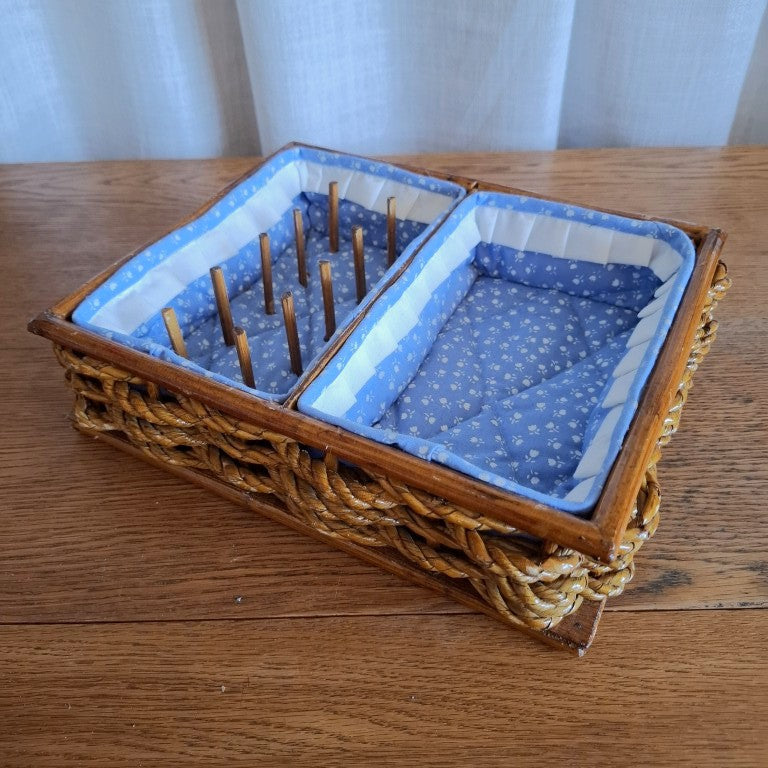 Vintage Wicker Sewing Basket Organizer Tray with Wooden Spool Pegs
