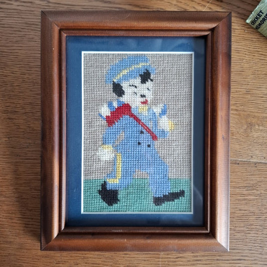 Vintage Framed Wool Needlepoint Embroidery of a Boy in Uniform