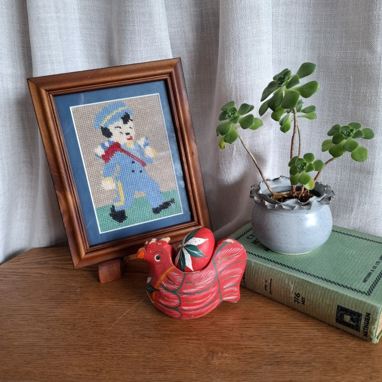 Vintage Framed Wool Needlepoint Embroidery of a Boy in Uniform
