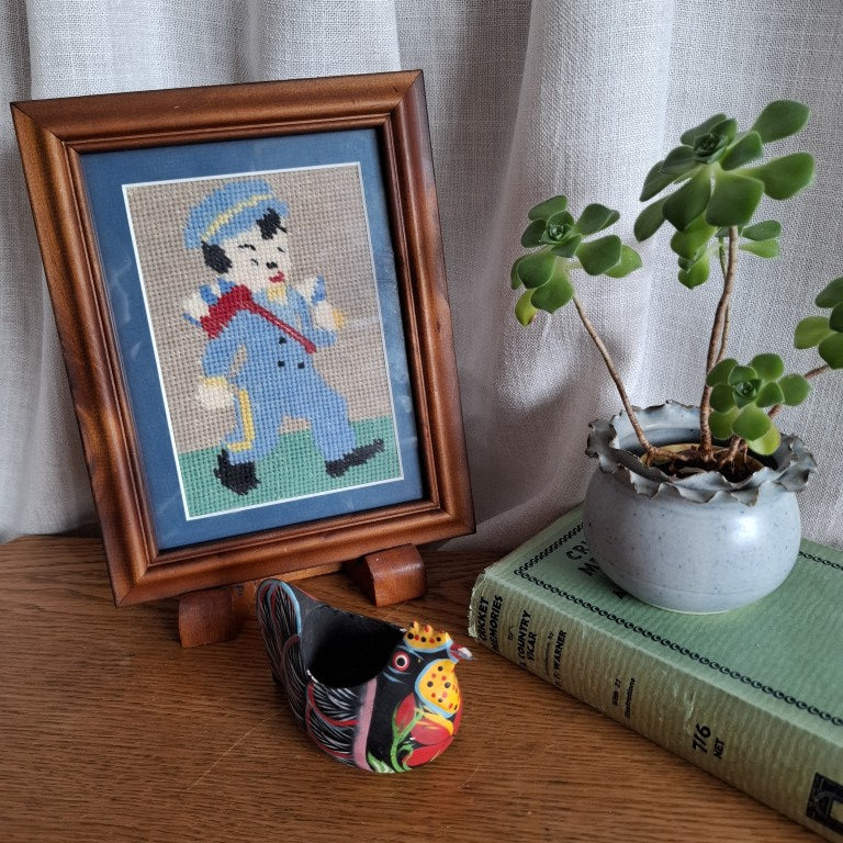 Vintage Framed Wool Needlepoint Embroidery of a Boy in Uniform