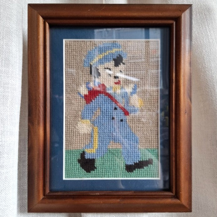 Vintage Framed Wool Needlepoint Embroidery of a Boy in Uniform