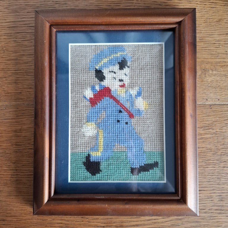 Vintage Framed Wool Needlepoint Embroidery of a Boy in Uniform