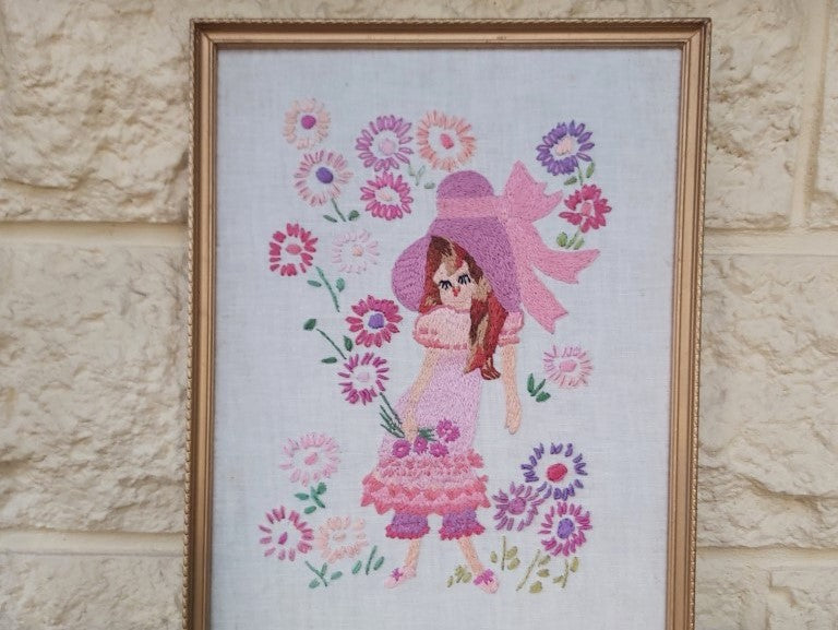 Vintage Framed Floral Girl Embroidery