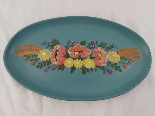 Vintage Ceramic Folk Art Painted Oval Dish