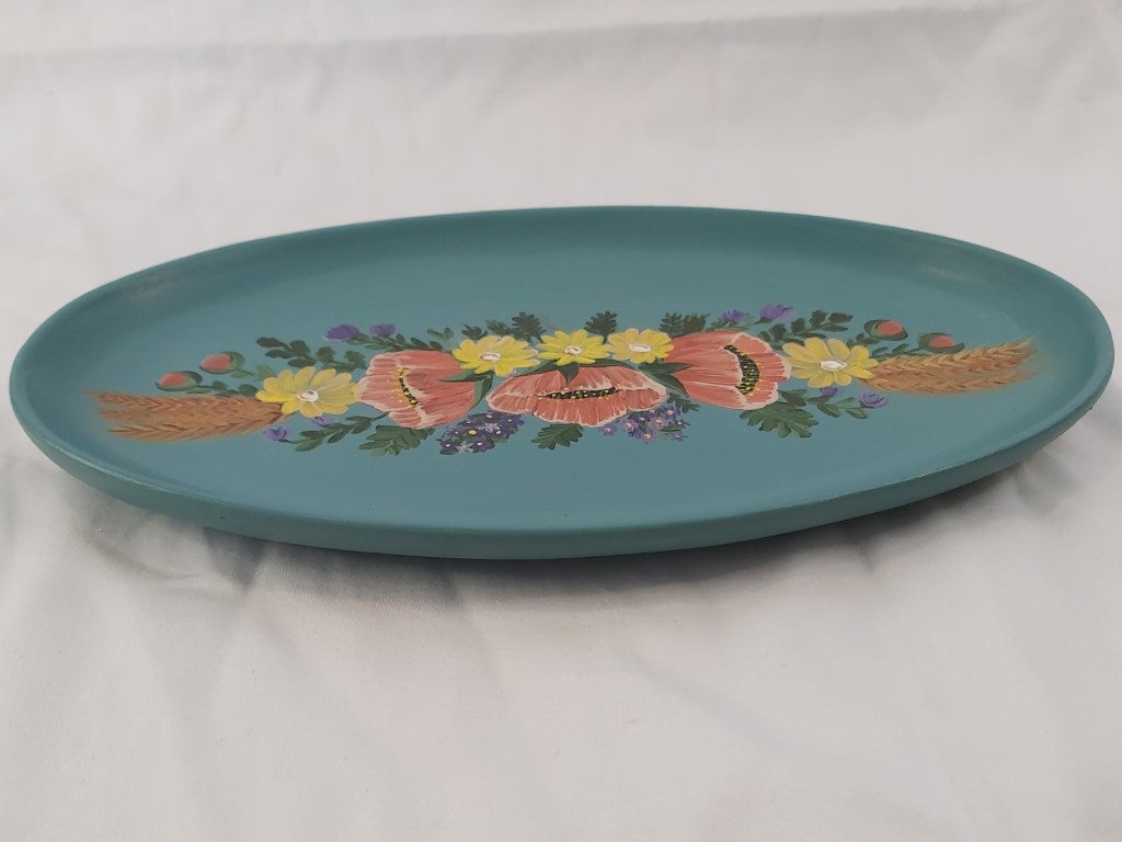 Vintage Ceramic Folk Art Painted Oval Dish
